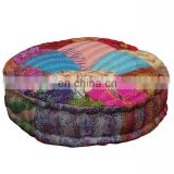 Silk Patchwork Round Floor Cushion Wholesale Silk Sari Patchwork Kantha Ottoman