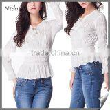 2016 Hot Sale Pleated White Autumn Ladies Blouse Designs