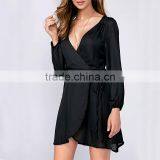 Solid Ladies Lace-up Puff Sleeve Plunging Neckline Mini Chiffon Dress thumbnail-2