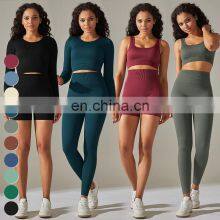 4 Piece Suit Workout Wear Leggings Sports Bra Long Sleeve Tshirt Gym Fitness Sets Seamless Knitted Yoga Set For Women thumbnail-1