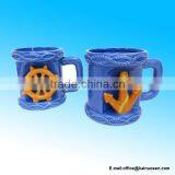 Mug Set, Includes Ship Wheel and Anchor Design, Blue Ceramic Coffee Mug Set thumbnail-1