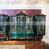 Antique Rococo Peacock Green Living Room Glass Display Cabinet/ Latest Design Decorative Wooden 4-Door Wine Cabinet thumbnail-1