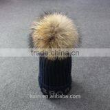 Womens Winter Cap Real Raccoon Fur Poms Hat With Plush Thicken Knit Cap Embroideried thumbnail-3