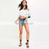 New Design Summer Beach Casual White Tie Dye Bardot Crop Top