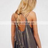 HAODUOYI Fashion Metallic Luster Women Spaghetti Strap Dress Asymmetry Hemline V-neck Backless Ladies Vestidos for Wholesale thumbnail-3