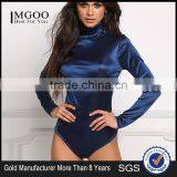 MGOO Custom New Arriva Satin Navy High Neck Bodysuits Long Sleeves Plain Shining Open Back Sexy Tops thumbnail-1