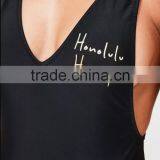 Women's Deep V Front Swimsuit Print Logo On Left Chest Black One Piece Swimwear 80% Nylon and 20% Elastane thumbnail-4