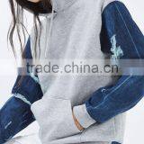Basic Cotton French Terry Custom Contrast Distressed Denim Sleeve Girl Stylish Hoodie thumbnail-2