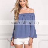 MGOO New Custom Designs Plain Blue Blouses Off Shoulder Long Sleeves Flare Opening Fashion Viscose Blouses thumbnail-3