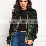 MGOO Custom Cheap Price Women Green Velvet Bomber Jackets Long Sleeves Zip Up Plain Fashion Winter Coat thumbnail-2