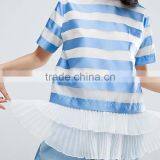 Pleated Hem Short Sleeve Blue and White Designer Satin t Shirt thumbnail-3