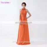 Orange Bridesmaid Dresses Floor Length Pleated Peach Color Chiffon On Sale Halter Bridesmaid Dresses thumbnail-1