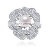 Patinum Plated Elegant Luxury Pearl Flower Brooch With AAA+ Cubic Zircon Micro Pave Setting for Women and Men in 4 Colors