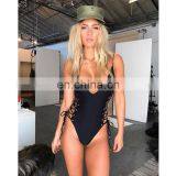 2017 Fashion Women Sexy Black Side Lace Up High Cut Thong One Piece Bikini Swimwear thumbnail-3