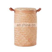 Best Price Woven bamboo laundry basket with lid and leather handel wicker storage basket house decor handmade