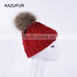 Ladies Knit Hat With Raccoon Fur Pompom for Winter Dobby Image Knit Hat KZ160075 thumbnail-1