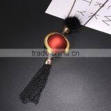 Red Bead Gold Hoop Pendant Long Chain Necklace Black Chain Tassel Necklace Pompon Necklace thumbnail-3