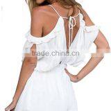 HAODUOYI Women V Neck Halter Neck Stretch Waistband Off Shoulder Culotte Jumpsuit thumbnail-6