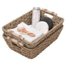Natural Seagrass Basket With Wooden Handle Handmade Rattan Storage Basket thumbnail-2