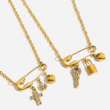 Gold Plated Safety Pin Pendant Necklace for Women Key Lock Cross Charm Necklace Stainless Steel Chain Jewelry Gift thumbnail-2