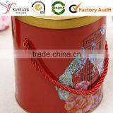 Fashion Colored Printed Tin Cookie Biscuit Food Packaging Box Round Metal Box With Handle thumbnail-3