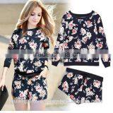 New Winter Women Brand Fashion Long-sleeved Tops + Shorts Floral Track Suit thumbnail-1