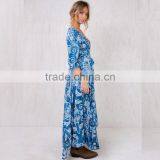 Paisley Print Long Sleeve Maxi Wrap Dress in Blue for Mature Women thumbnail-3