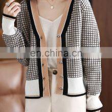 Women Fashion Plaid V Neck Jacquard Merino Wool Korean Style Casual Cardigan Sweater thumbnail-3