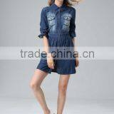 new arrival fashion factory wholesale Ladies Women Lapel long sleeve New Loose Blue Denim Dress with good quality