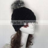 Hot Sale Black Knitted Mink Fur Beanie Hat / Fur Hat Pom Poms