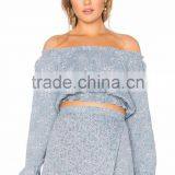 Printing Design Long Sleeve off Shoulder Crop Tops Chiffon Skirts and Blouses thumbnail-3