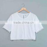 Sublimation Pompon Crop Top T-shirt Custom Logo Printing no Minimum Real Factory thumbnail-1