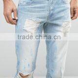 Mens High Waist Blue Light Stone Wash Ripped Super Skinny Jeans Pants thumbnail-3