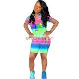 Summer Stylish Colorful Tie Dye 2 Pieces Two Piece Women Short Sexy Bodycon Printed Sports Set Suits thumbnail-4