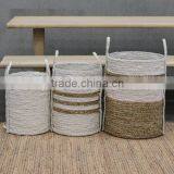 High quality best selling eco-friendly Set of 3 Sea Grass Round Basket with woven handles, white color from Vietnam