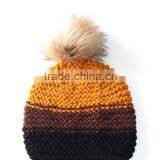 100% Acrylic Hand Knit Beanie Hats With Fake Fur Pompom