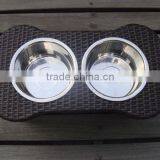 Ritzy Double Pet Food Bowl With Rattan Frame thumbnail-2