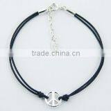 Leather Bracelet Shiny 925 Sterling Silver Peace Symbol thumbnail-1