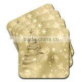 2017 Natural Wood Gold Swirled Christmas Tree With Star & Baubles Snowflakes Falling Coaster Made in China