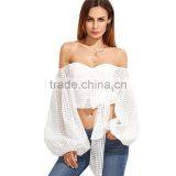 Ladies Sexy Slim Off Shoulder Blouses White Oversize Lantern Sleeve Belted Eyelet Top Blouse thumbnail-2