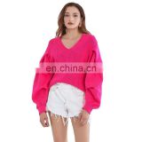 TWOTWINSTYLE Knitted Sweater For Ladies V Neck Lantern Long Sleeve Solid Loose Casual