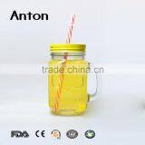 14oz Hot Sale Relief Mason Jar Mug With Handle Metal Lid Clear Glass Mason Bottles thumbnail-6