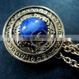 Vintage Bronze Round Engraved Victorian Blue Cabochon Chain Fashion Collar Brooch Jewelry 6520002 thumbnail-3