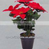 RED ARTIFICIAL VELVET POINSETTIA FLOWER BUSH X 6 W/6 PCS POINSETTIA FLOWER HEAD ON PLASTIC PLANTER thumbnail-1