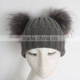 Myfur Dark Grey Wool Knitting Hat With Detachable Raccoon Fur Pom Poms thumbnail-4