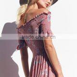 Lady's Smocked Dress With Slit off the Shoulder Floral Long Maxi Dresses thumbnail-6