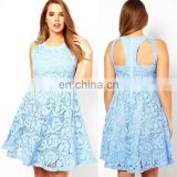 2014 High quality light blue lace sleeveless cut out back plus size skater dress china supplier OEM