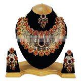 Beautiful Floral Designer Dark-Red Color Gold Plated Kundan Zerconic Necklace Earrings Tikka thumbnail-1