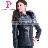 2015 Winter Leather Short Slim Fit Embroidered Women Coat With Belt Silver Fox Fur Hat