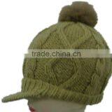 Plain Dyed, Simple Hand Knitted Hat With Pom Pom & Peak